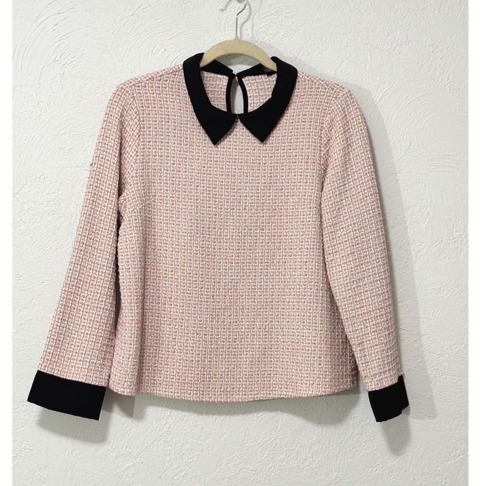 SHEIN Tweed Top Women XL Pink Peter Pan Collar Long Sleeve Woven Blouse
